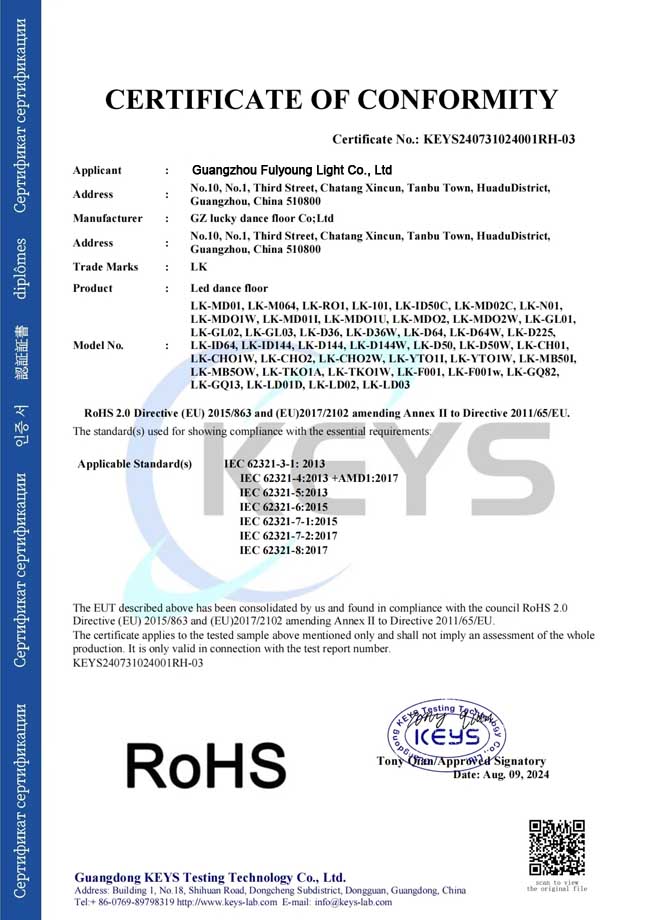 RoHS certificate of stage light